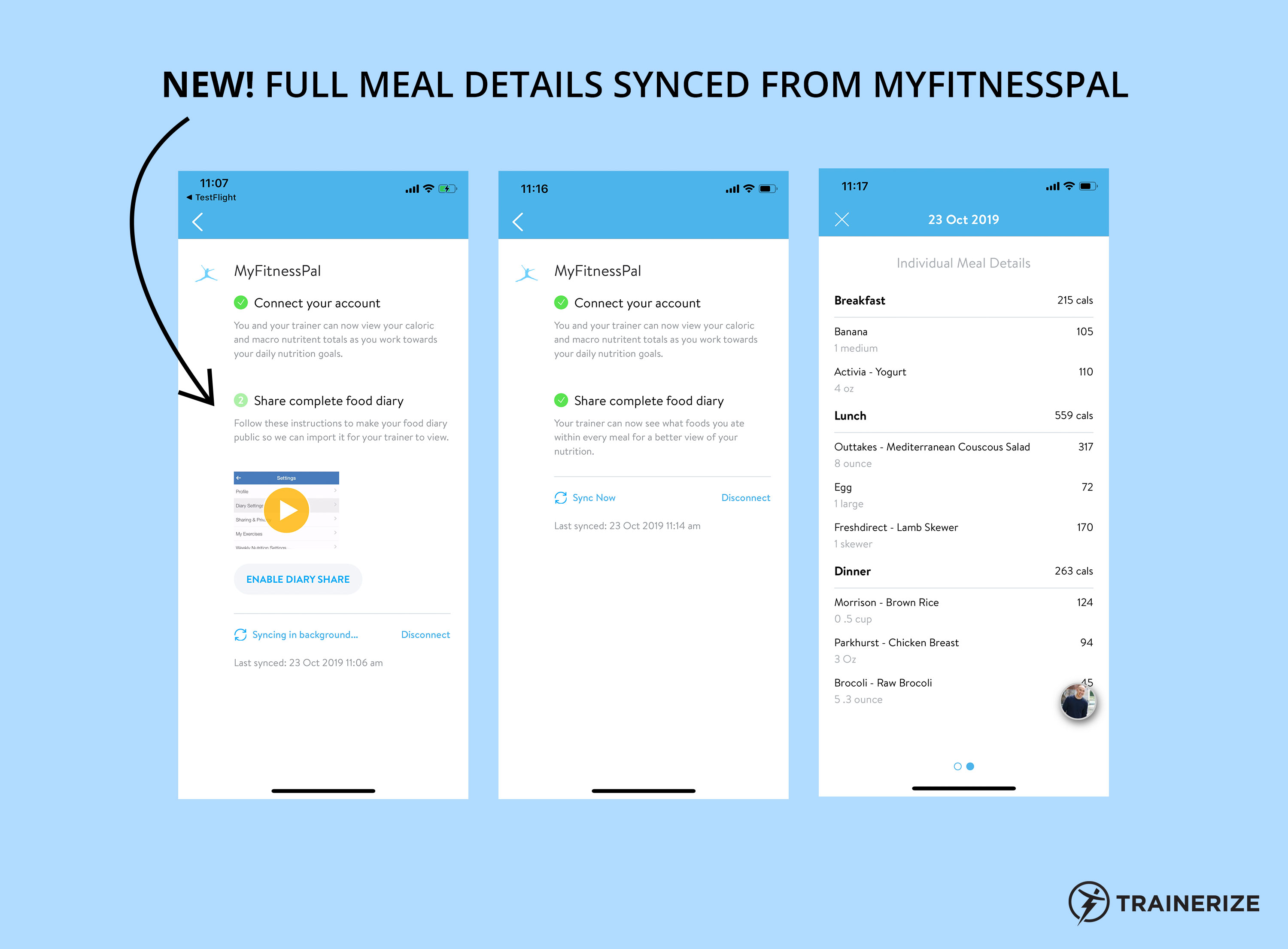 Get full meal details synced from MyFitnessPal into Trainerize