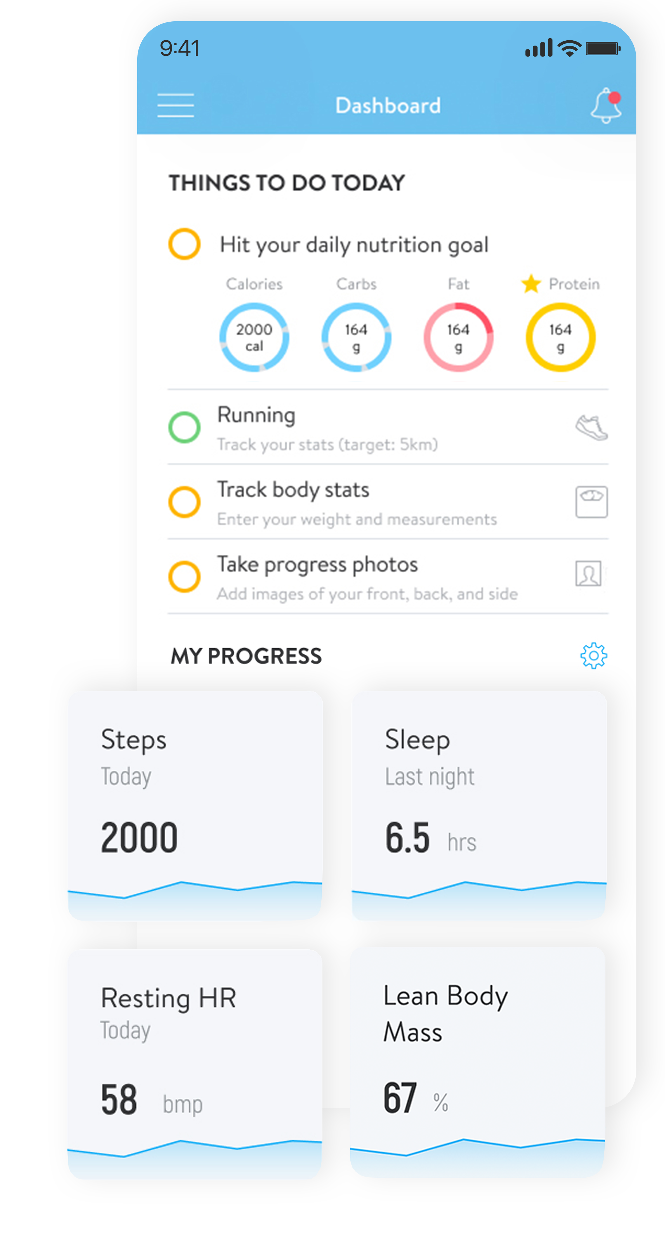 A new dashboard with new progress tiles to display data from Apple Health and wearables